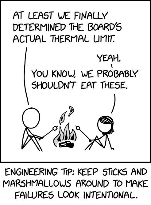 Description:
Cueball and Megan sit by a small fire, roasting marshmallows on long sticks over the flames.

Transcript:
Panel 1:
Cueball: AT LEAST WE FINALLY DETERMINED THE BOARD'S ACTUAL THERMAL LIMIT.
Megan: YEAH. YOU KNOW, WE PROBABLY SHOULDN'T EAT THESE.

Caption: ENGINEERING TIP: KEEP STICKS AND MARSHMALLOWS AROUND TO MAKE FAILURES LOOK INTENTIONAL.
